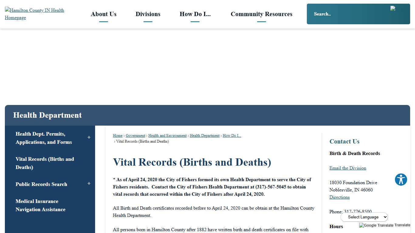 Vital Records (Births and Deaths) | Hamilton County, IN