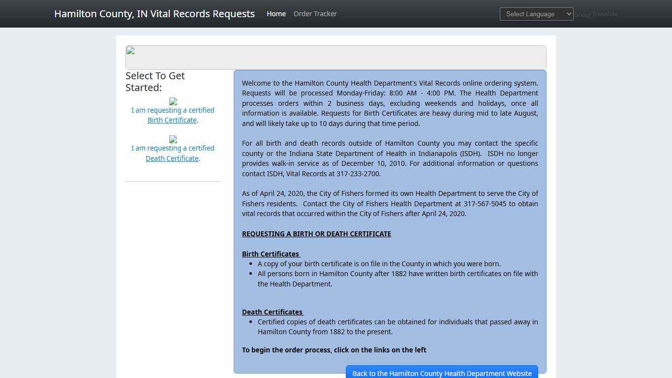 Hamilton County Health Department Online Vital Records Request