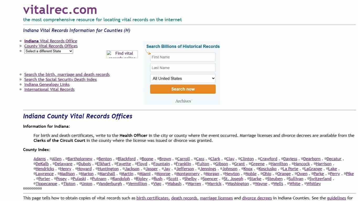 Indiana Counties Birth Certificate, Death Record, Marriage License and More (H)